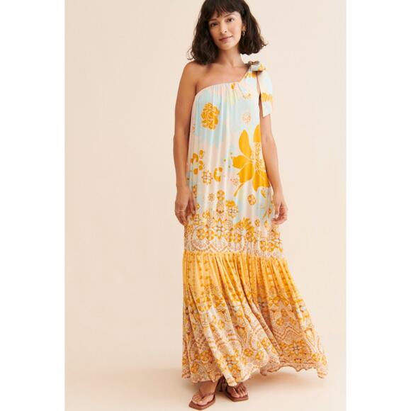 NEW Free People COTE D AZUR One Shoulder Flowy Maxi Dress in Tea Combo S NWOT - Picture 5 of 10